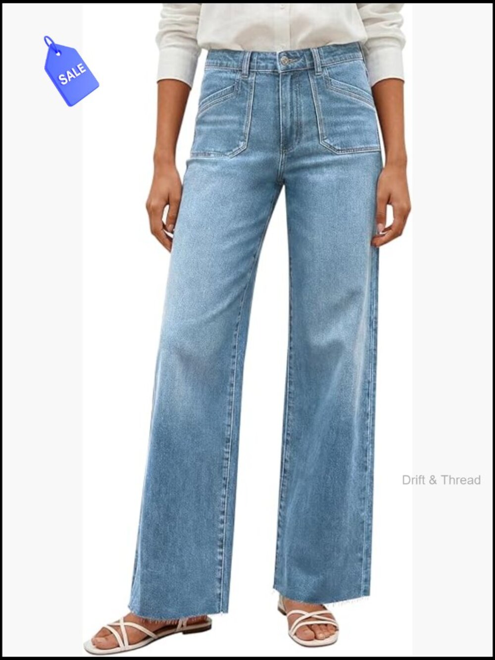Wide Leg High Waisted Stretchy Jeans with Frayed Hem & Side Pockets